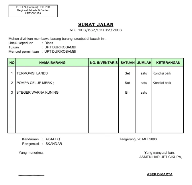 contoh surat jalan pengiriman barang