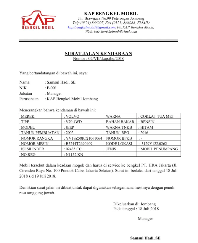 contoh surat jalan kendaraan