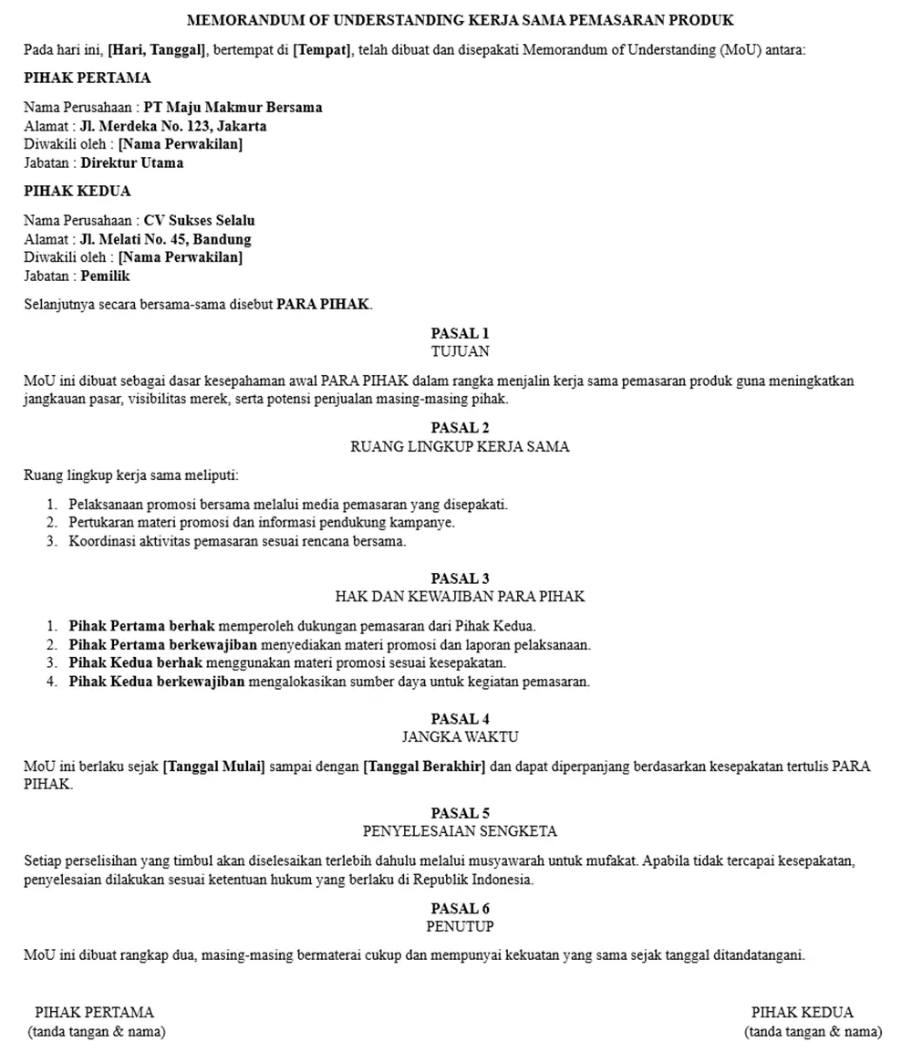Contoh MoU kerjasama bisnis