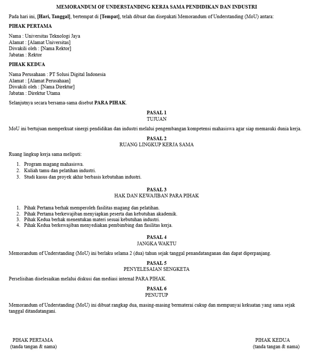 Contoh MoU kerjasama pendidikan