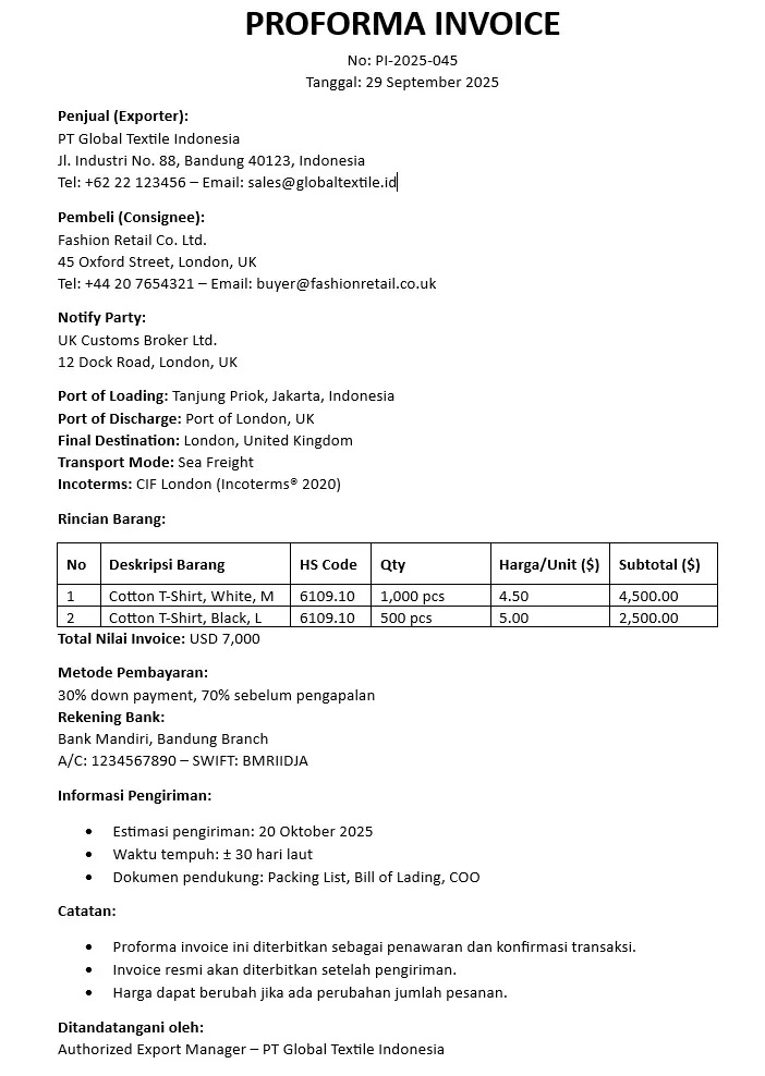 Apa itu Proforma Invoice? Fungsi, Cara Buat, Contoh 5 contoh proforma invoice