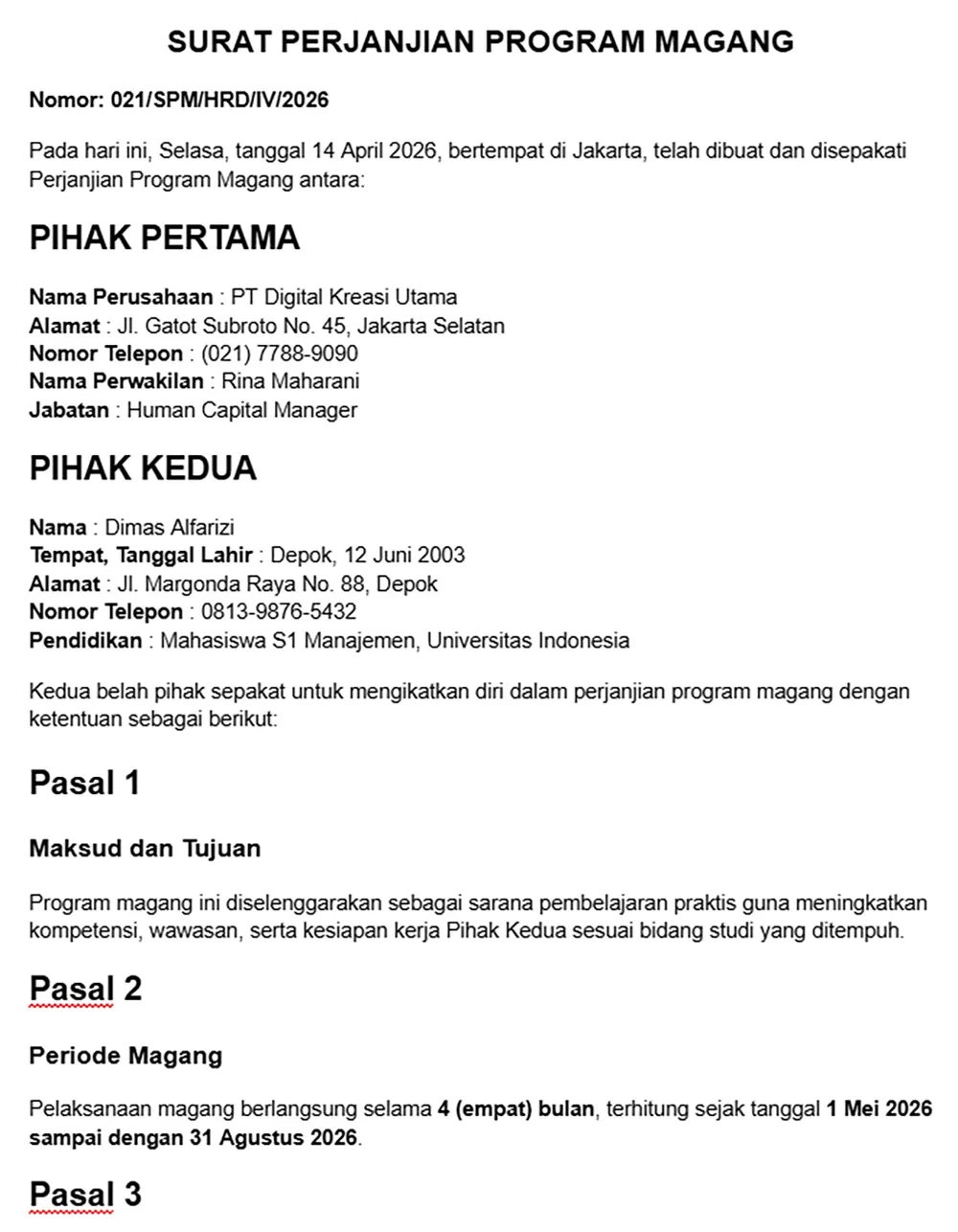 contoh surat kontrak kerja magang
