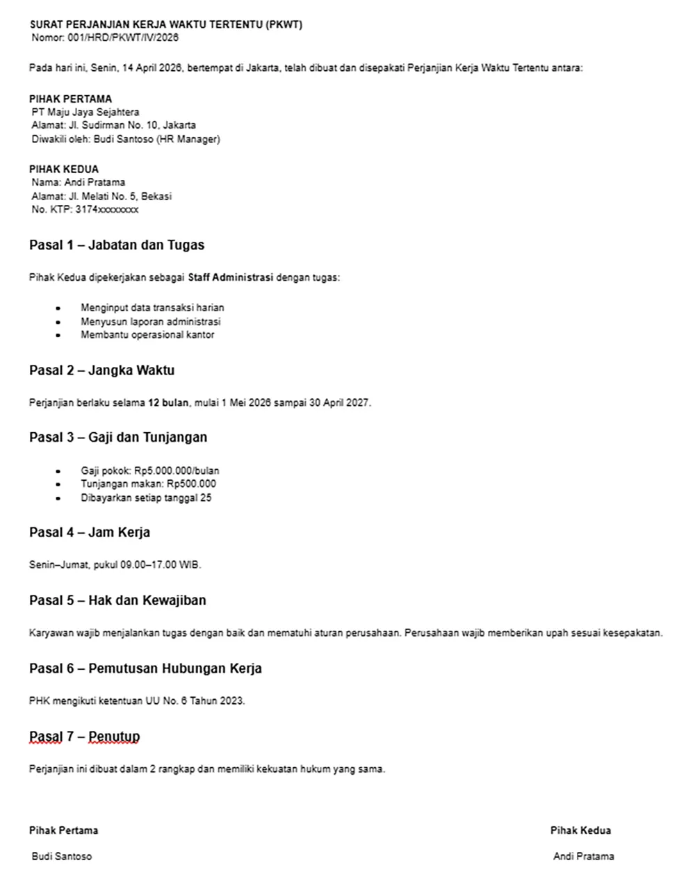 contoh surat kontrak kerja pkwt 1