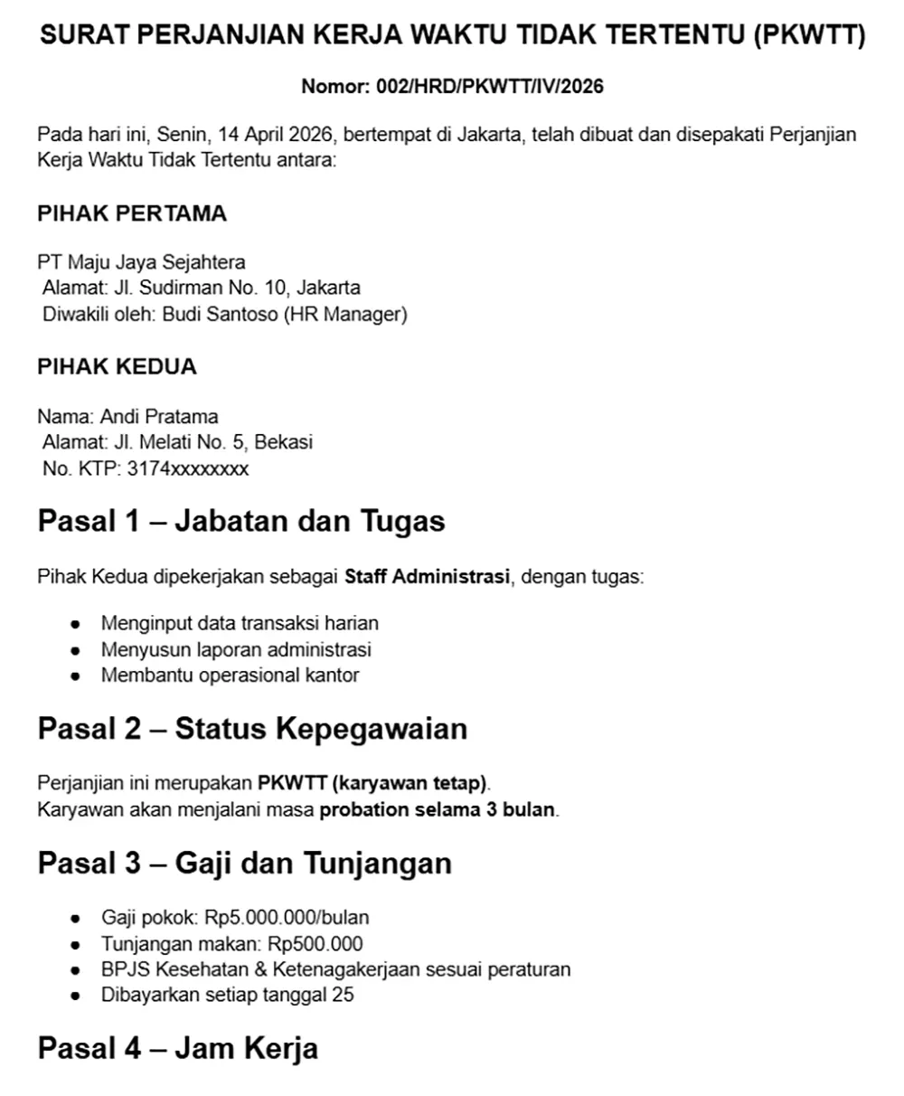 contoh surat kontrak kerja pkwtt