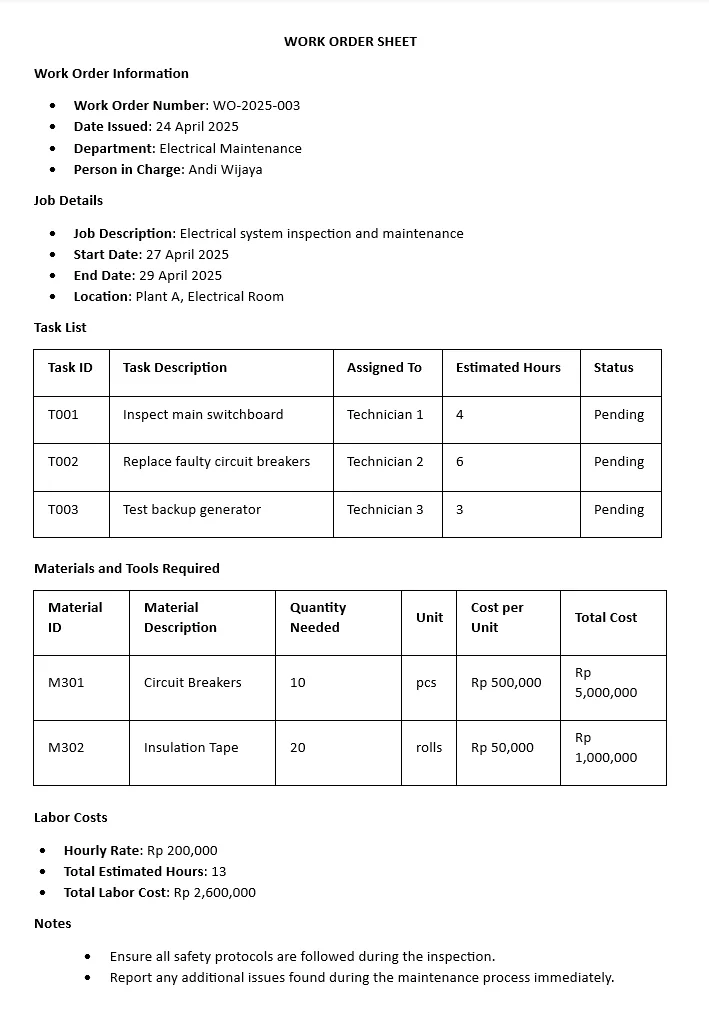 contoh work order sheet
