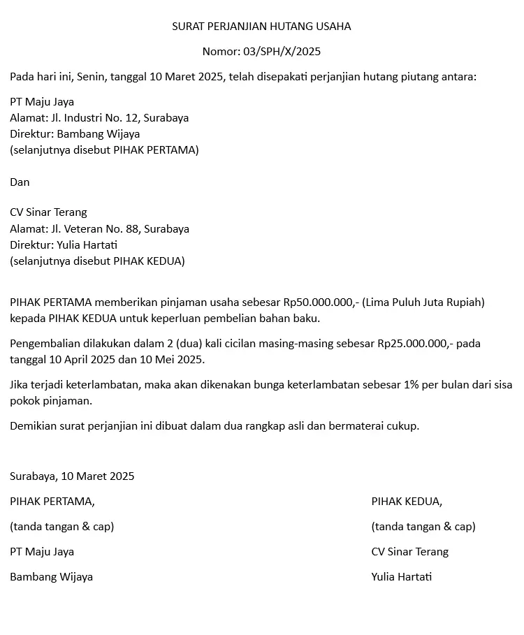 surat perjanjian hutang antar perusahaan