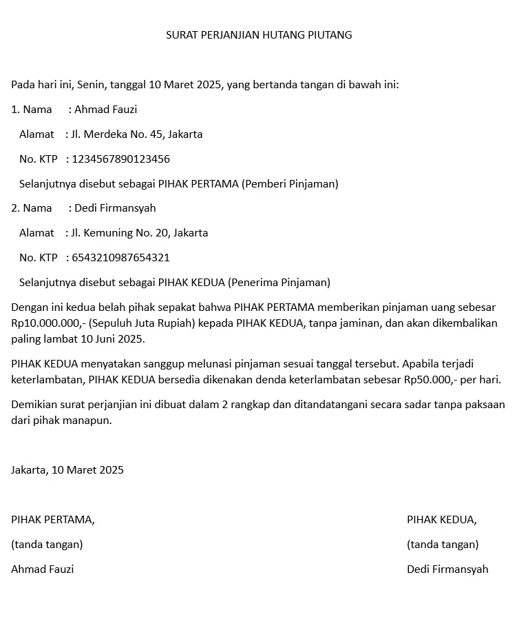 surat perjanjian hutang tanpa jaminan