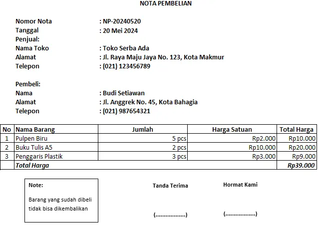 Contoh nota pembelian 2