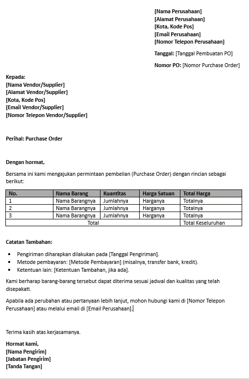 contoh surat purchase order