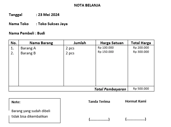 contoh nota belanja