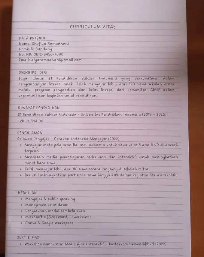 10 Contoh CV Fresh Graduate S1, SMA, dan SMK (+Template Word) 6 contoh cv fresh graduate tulis tangana