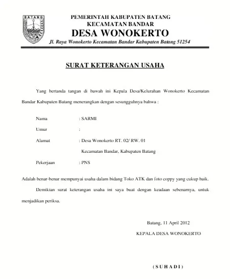 Surat Keterangan Usaha: Pengertian, Manfaat dan Cara Buatnya 4 Contoh Surat Keterangan Usaha dari desa