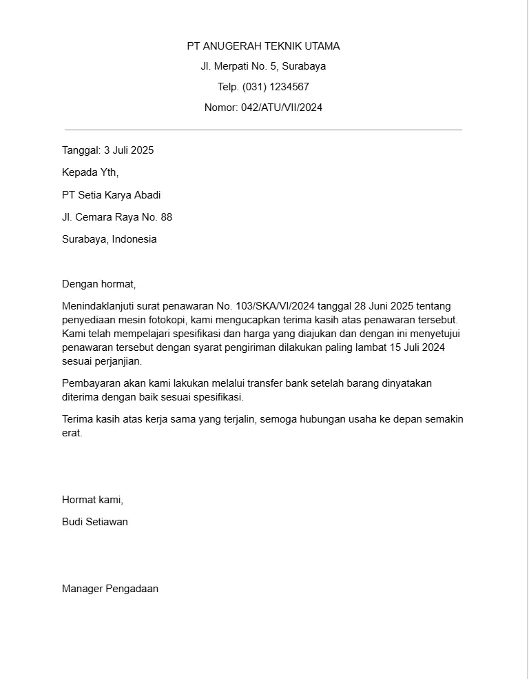 contoh surat balasan penawaran